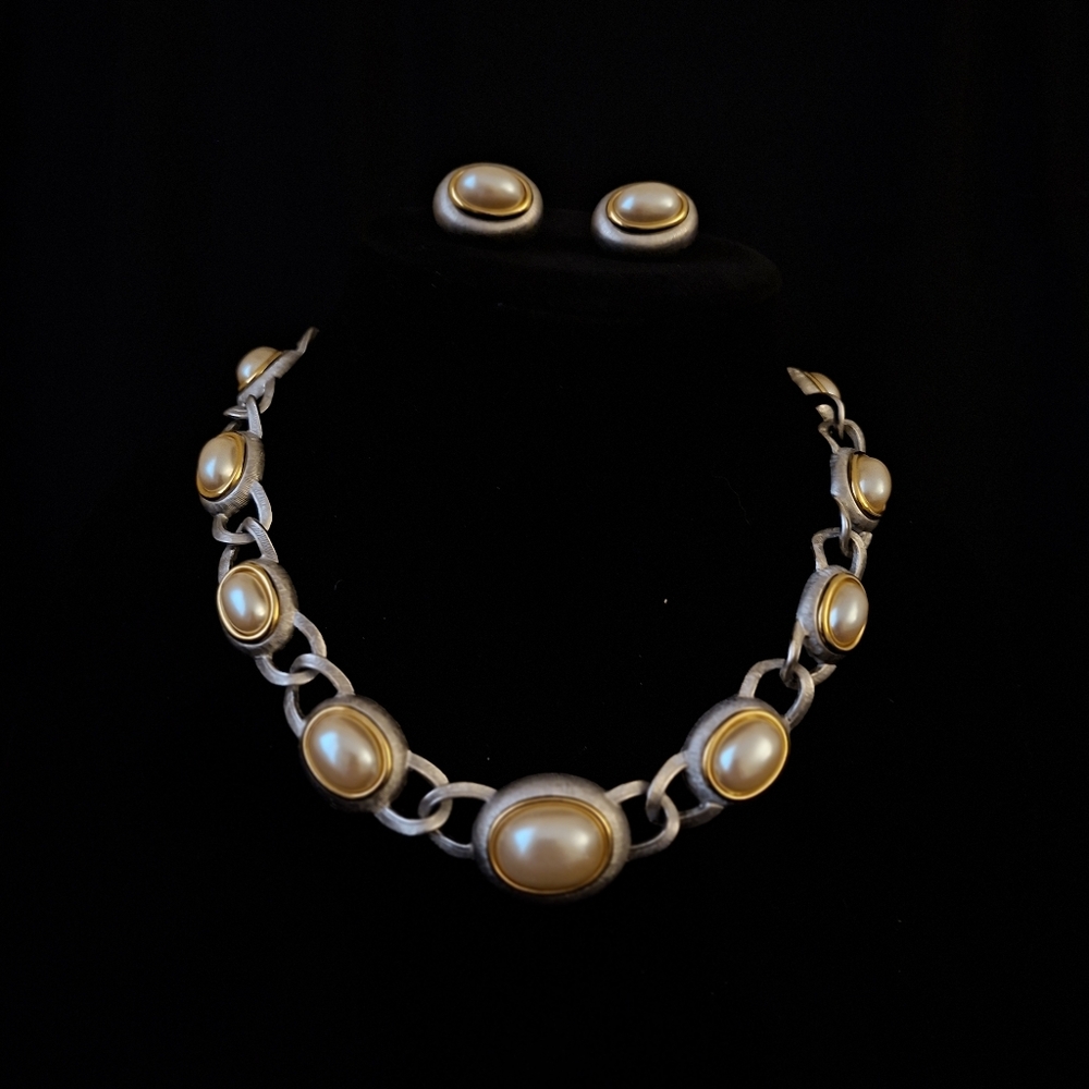 Vintage Monet Textured Silver, Gold And Faux Pearl Necklace And Earrings Set